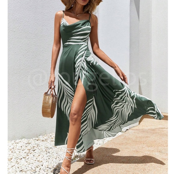 Rouge! Dresses & Skirts - Dark Green Dress White Tropical Leaf Print Maxi Cami Draped Neckline Leg Slit